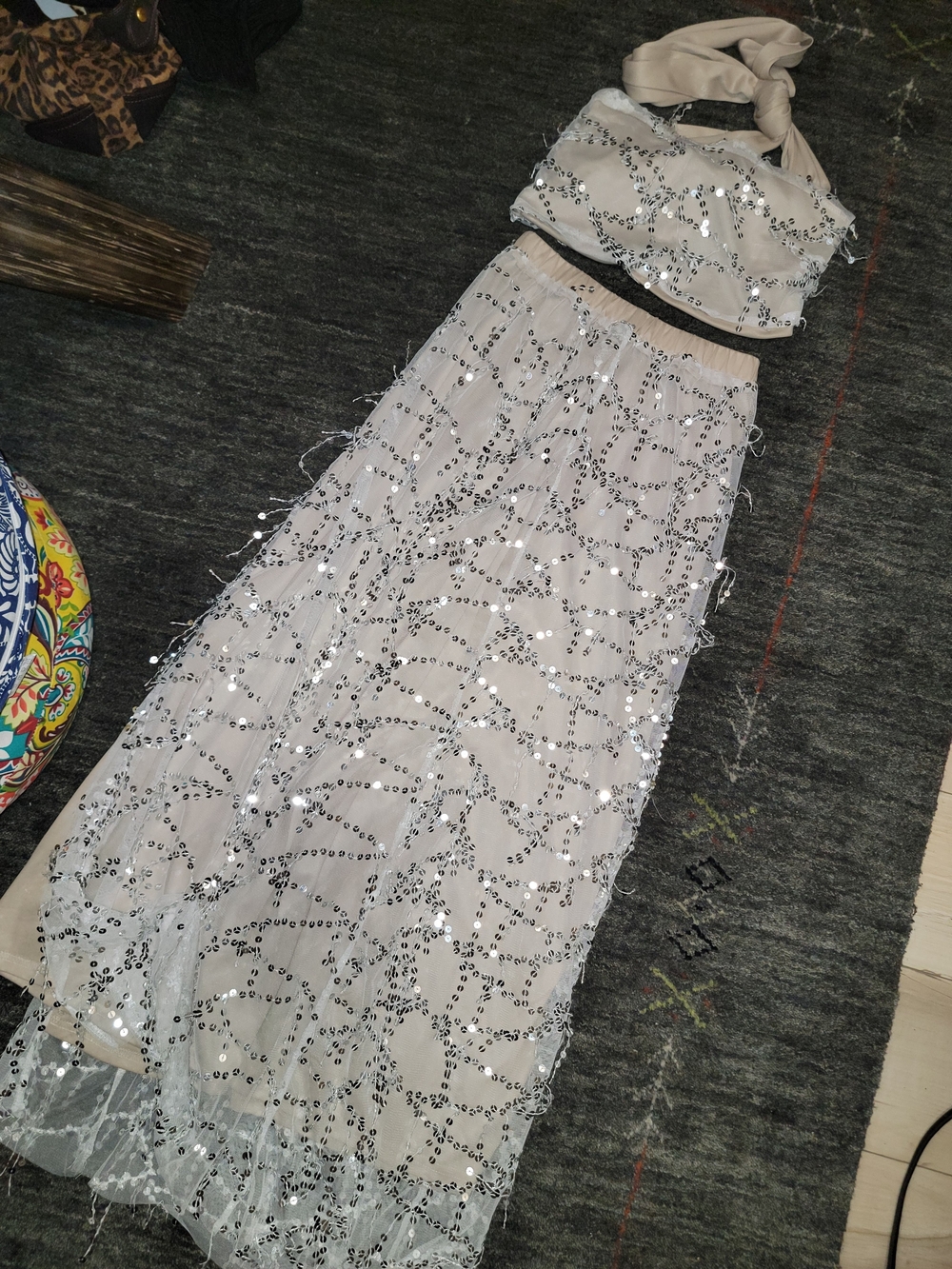 Ivory-Beige-Khaki Sequin Overlay Maxi Skirt - Elegant Women's Skirt | New Size S
